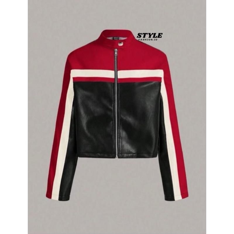 จัดส่งฟรีใหม่ล่าสุด CROP LEATHER JACKET เสื้อแจ็คเก็ตหนังผู้ชาย