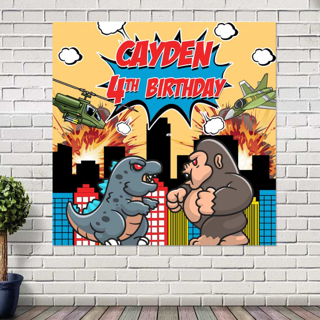 Godzilla Vs King Kong Chibi รุ่นการ์ตูนฉากหลังแบนเนอร์ Flexi วันเกิด/วันเกิดตกแต่งผนัง