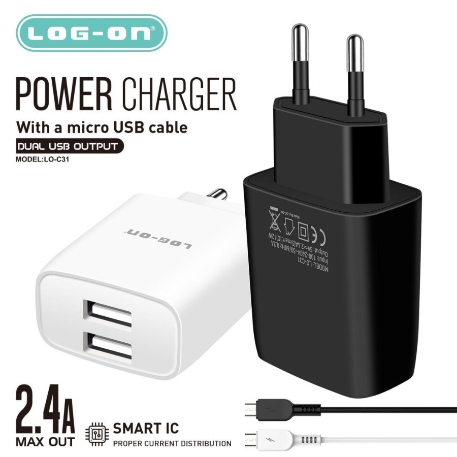 เครื่องชาร์จ LOG-ON LO-C31 / Hunter Series Power Charger 2.4A Micro USB / Type-C SMART IC / TC Power