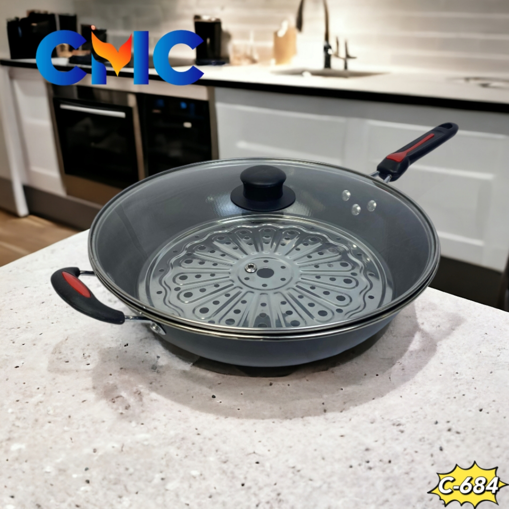 CMC Non-Stick กระทะเคลือบฝาแก้ว + ที่ระบายน้ําน้ํามัน + Steamer/C-684