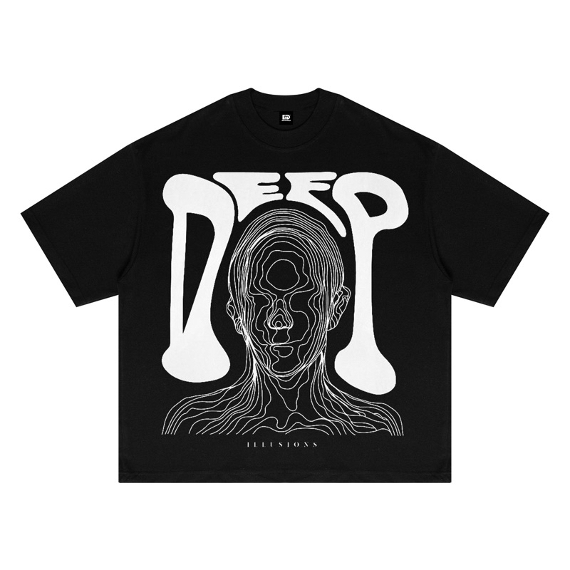 Elevendays Boxy Fit เสื้อยืดขนาดใหญ่ภาพลวงตาลึกผู้ชายสีดําผู้หญิงผ้าฝ้าย 20s 200gsm