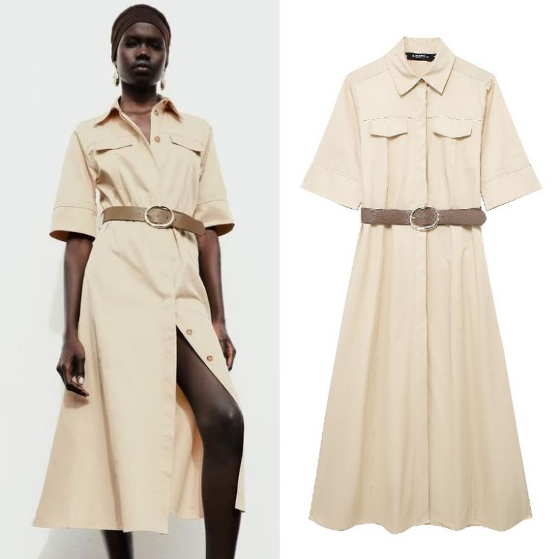 แม็กซี่เดรสเข็มขัดคาดเอวสีเบจ 75583 (TA)