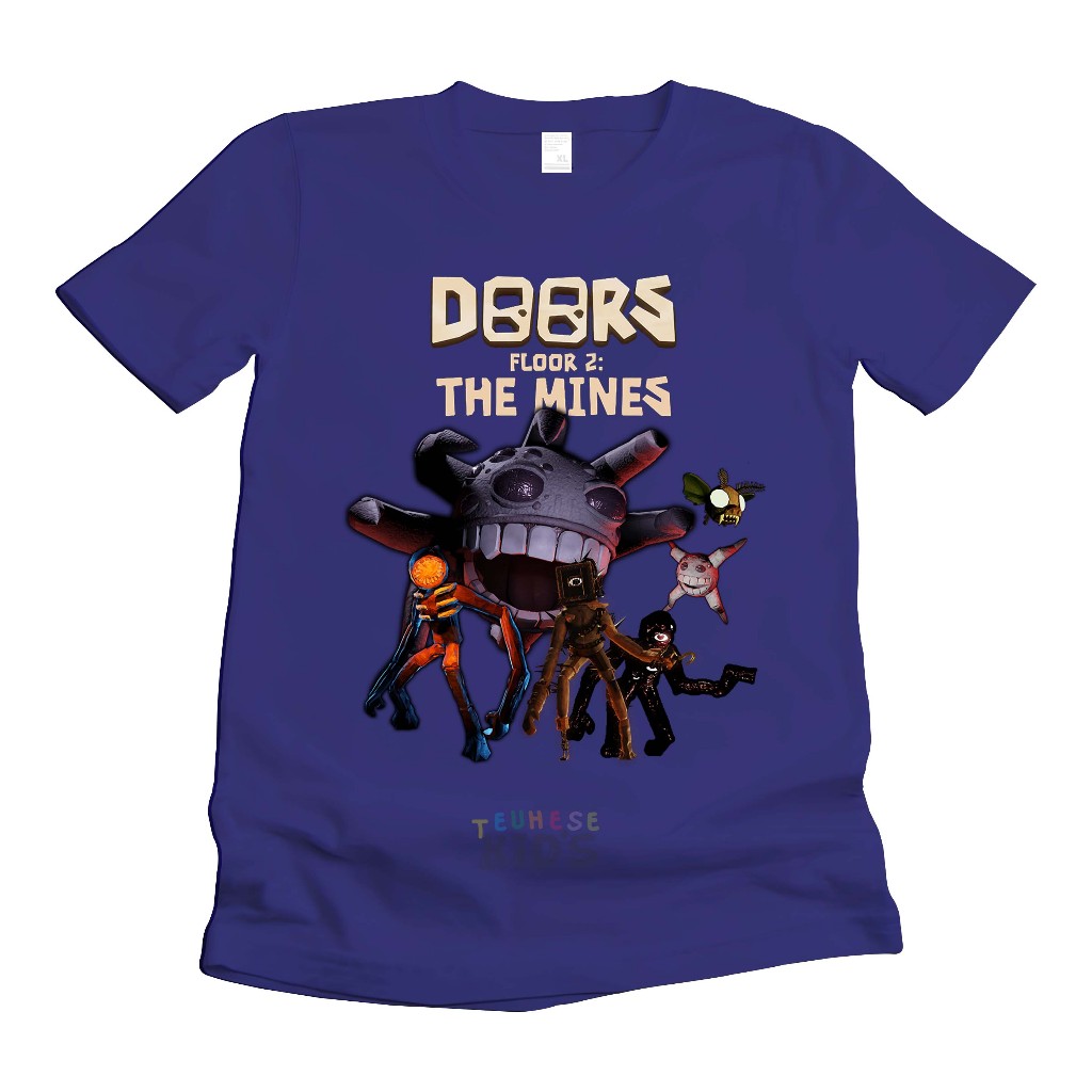 (ฟรีชื่อ) เสื้อยืดเด็กลาย GAME ROBLOX character motif "DOORS FLOOR 2 THE MINES" ใหม่ล่าสุดวัสดุผ้าฝ้ายพรีเมี่ยม