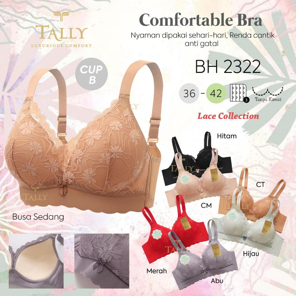 BH BRA TALLY 2322 - BH BRA 2322 TALLY - TALLY BH 2322 Bra ไม่มีลวดบางโฟมโบรเคดวัสดุคัพ A - B Hook 3 