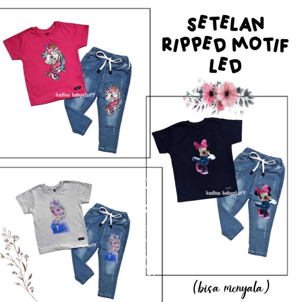 GIRLS JEANS SET / KIDS RIPPED JEANS PANTS MINNIE MOUSE UNICORN FROZEN / เสื้อยืด LED (ต่ํากว่า) อายุ