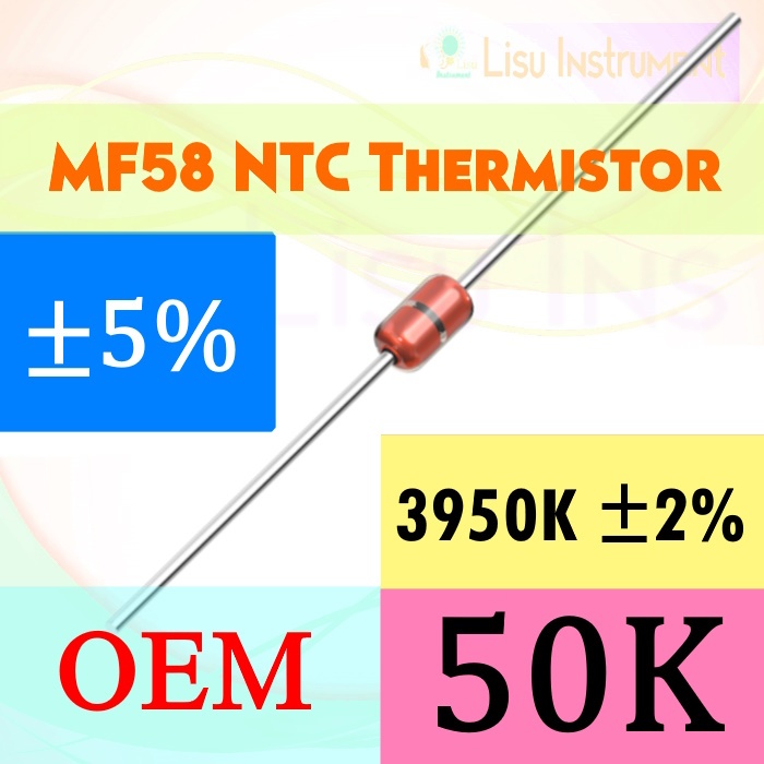 50kω ±5% 3950K ±2% 50mW MF58 NTC Thermistor เซ็นเซอร์อุณหภูมิ Axial Beaded Glass Encapsulated 50k