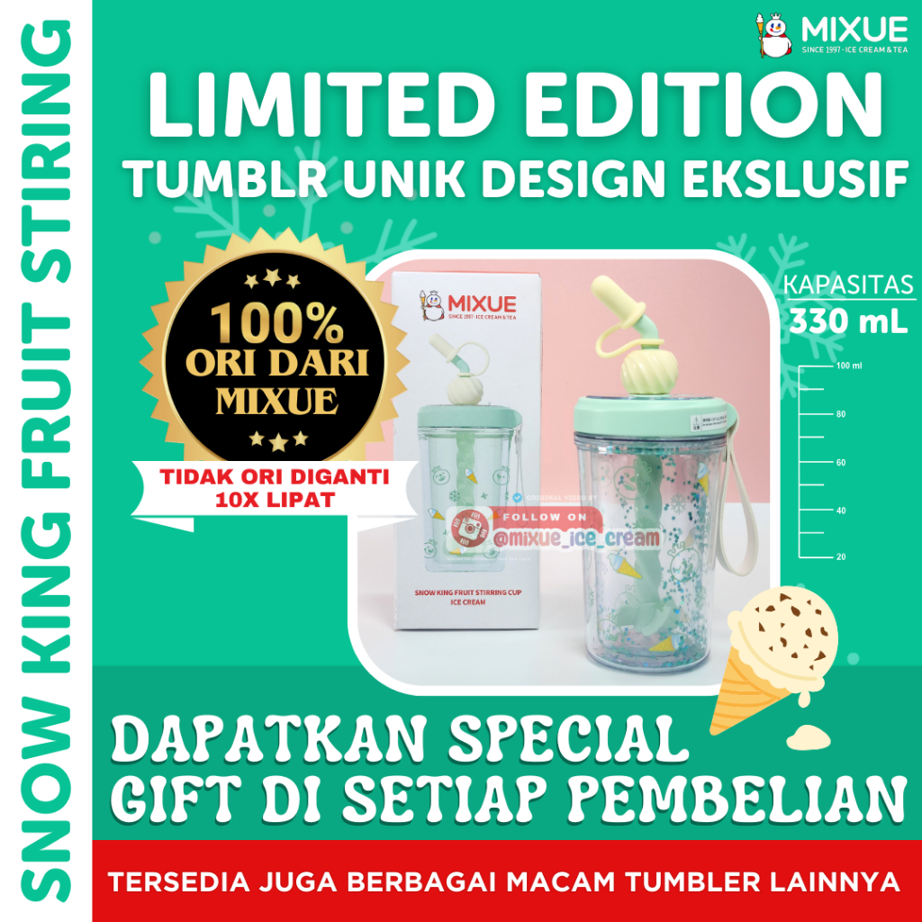 Popping Boba Nata Jelly - ไอศกรีม Snow King Fruit Stirring Cup 330 ML | แก้วน้ําขวด Mixue ของแท้ 100