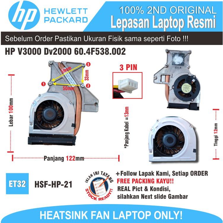 ET32 HSF-HP-12 HEATSINK FAN LAPTOP HP V3000 Dv2000 60.4F538.002