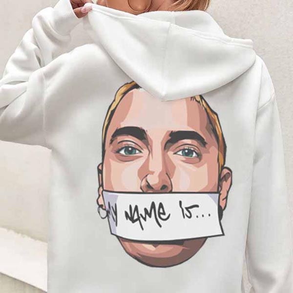 Eminem My Name Is Hoodie Cotton Fleece วัสดุ | เสื้อสวมหัวและซิปเสื้อกันหนาวหมวกสีขาว