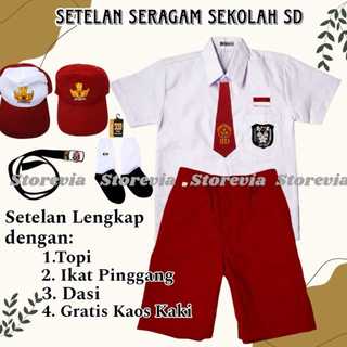 Storevia Setelan Super Lengkap Seragam Sekolah SD Merah Putih Pendek Laki-laki Kelas 1-6 SD