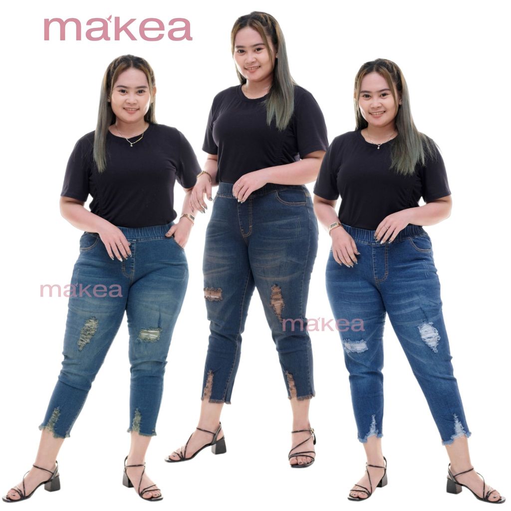 7/9 Ripped Wishker กางเกงยีนส์ผู้หญิงจัมโบ้ 7/9 กางเกงยีนส์ผู้หญิงขนาดใหญ่พรีเมี่ยม