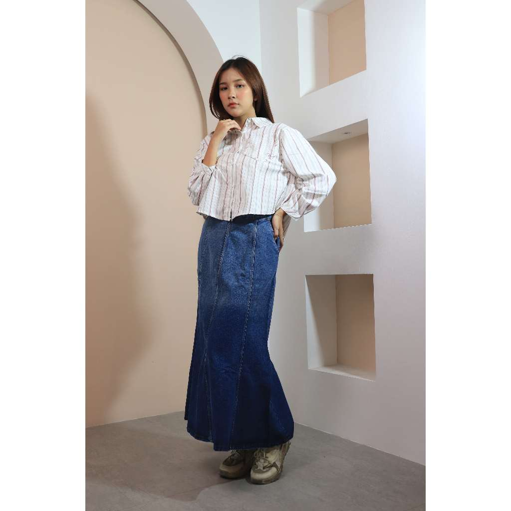 เสื้อเชิ้ตผู้หญิง UNGU HIJA KEMEJA Missty สีขาวลายทางสีม่วงและสีเขียว สไตล์เกาหลี ทางการ และอินเทรนด