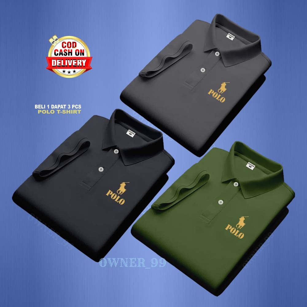 ใหม่..!! เสื้อโปโลผู้ชาย Distro | Polo Text Logo ซ้ายทอง > 1 แพ็คเกจ มี 3 ชิ้น > เสื้อยืดคอปกโปโลผู้