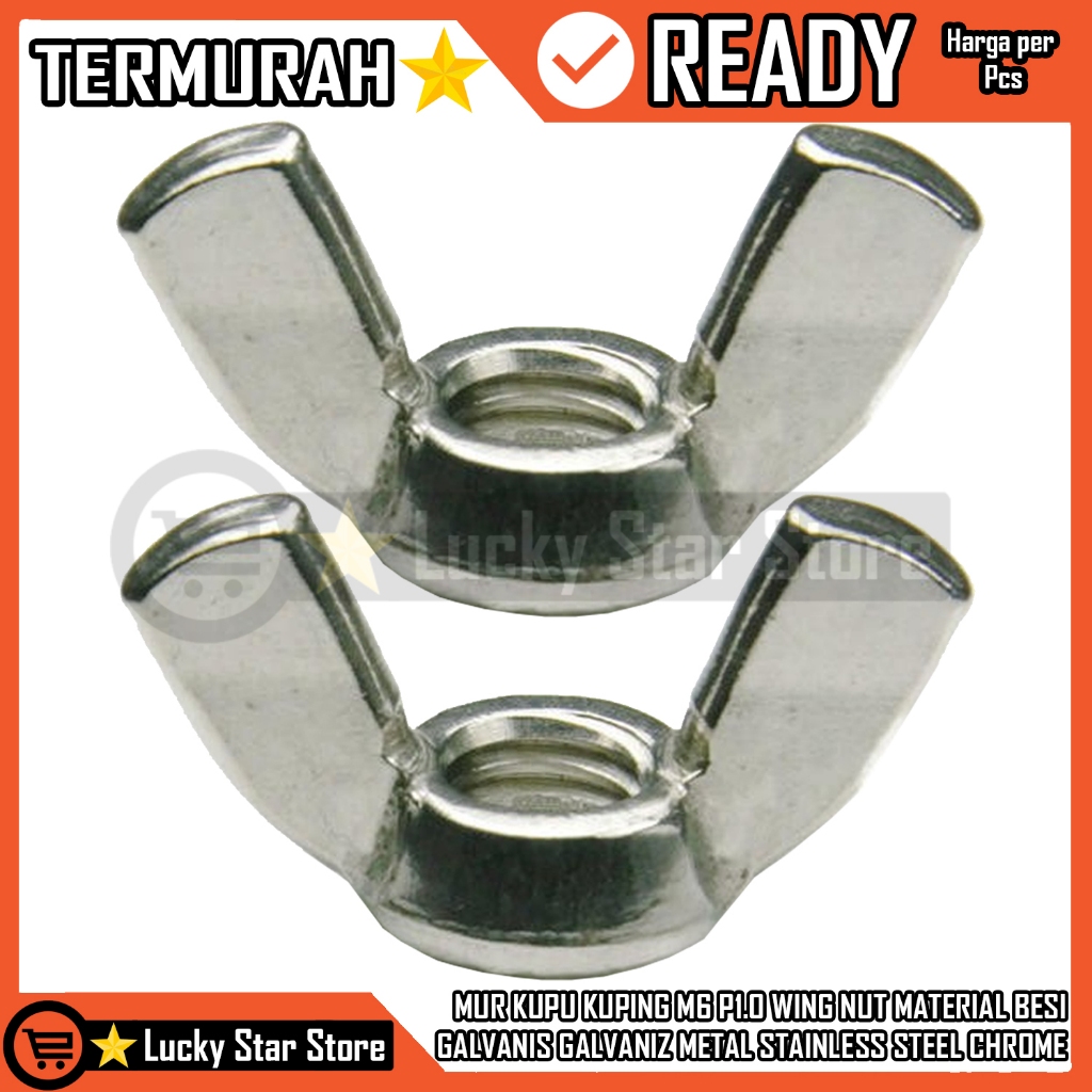 M6 P1.0 WING NUT GALVANIZED IRON MATERIAL GALVANIZ โลหะสแตนเลส CHROME GALPANIS BOLT ไม้ไผ่สแตนเลสสแต
