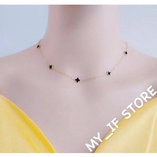 Kalung Titanium Wanita Rantai Clover Hitam Bolak-Balik Fashion Wanita Korea Anti Karat Tidak Luntur