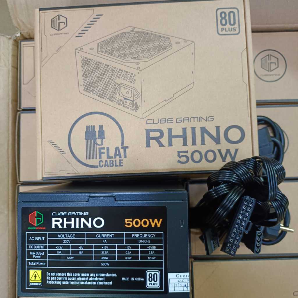 Rhino 500Wat 80+ สายแบนสีขาว PSU 500W Power Supply Cube Gaming