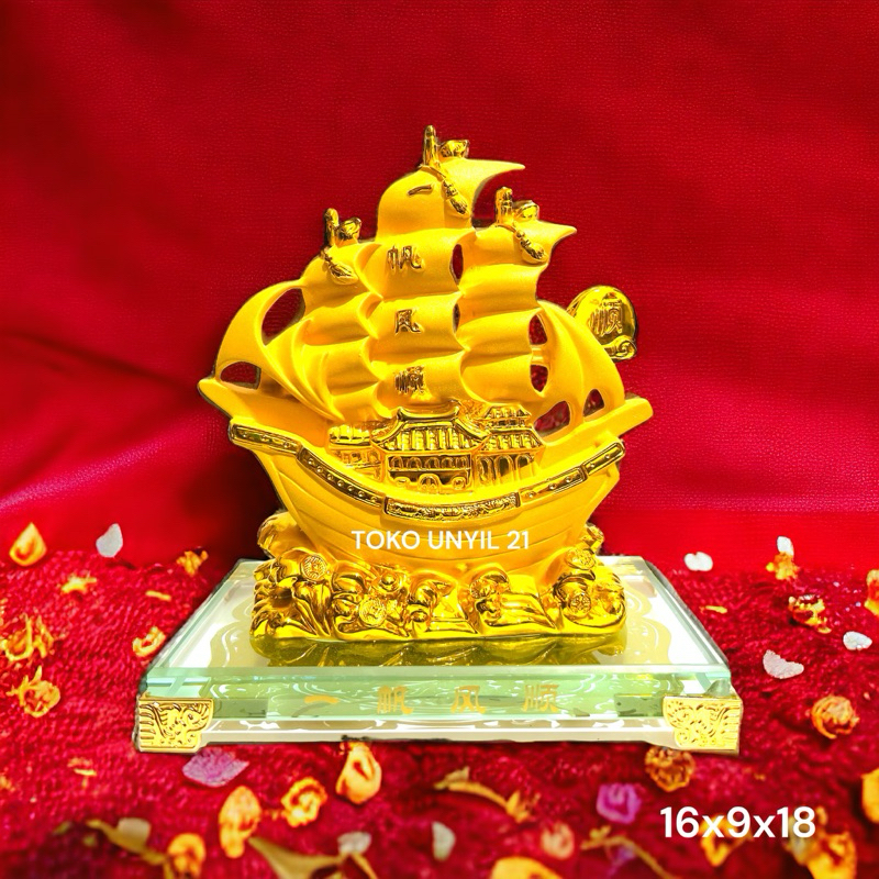 ตรุษจีน fengshui Gold Ship Boat Display 18 Cm