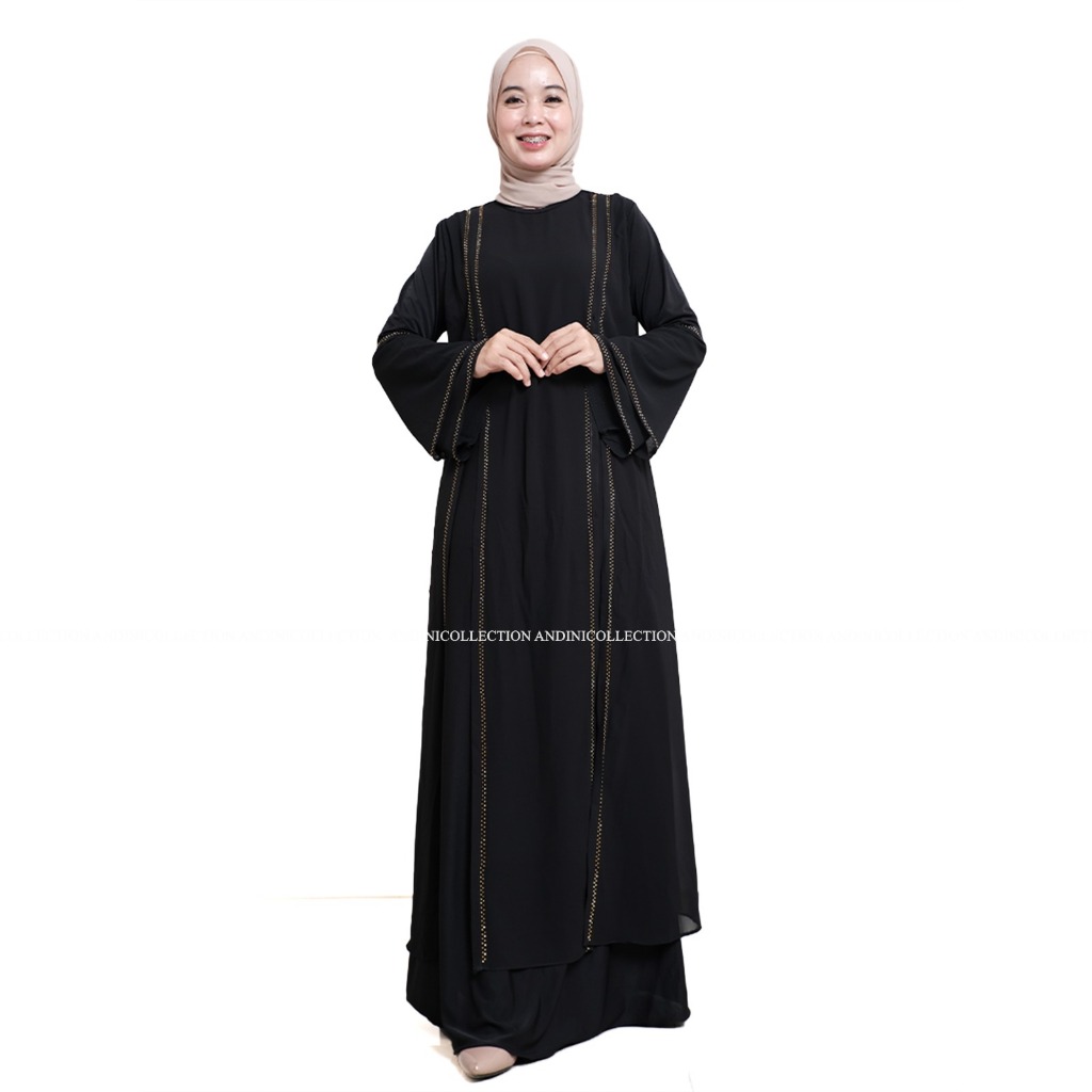 Putih HITAM Andinicollection Abaya ตุรกี 159 Amarta สีดําและสีขาวผู้ใหญ่มุสลิมหรูหราเลื่อม
