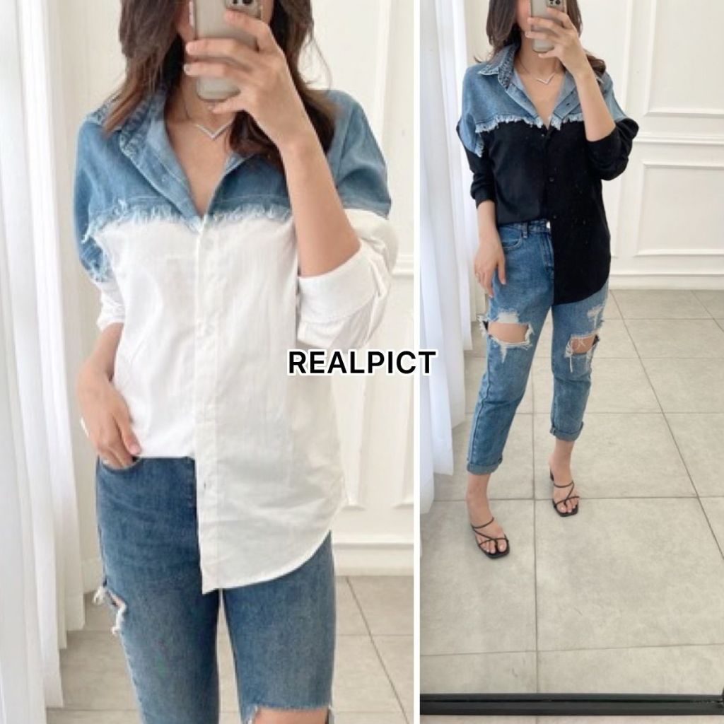 Kemeja KATUN Uxuclo เสื้อเชิ้ตยีนส์ผู้หญิงผสมผสานผ้าฝ้ายพรีเมี่ยม Poplin แขนยาว/เสื้อยีนส์ผู้หญิงสมัยใหม่