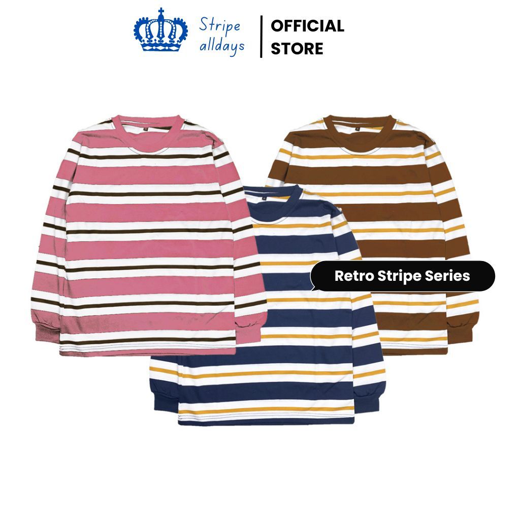 12.12 Stripealldays - เสื้อยืดลายทาง RETROGRADE Series แขนยาวซี่โครงผู้ชายผู้หญิงวัยรุ่นผู้ใหญ่ผ้าฝ้าย CVC 24S Size ML XL