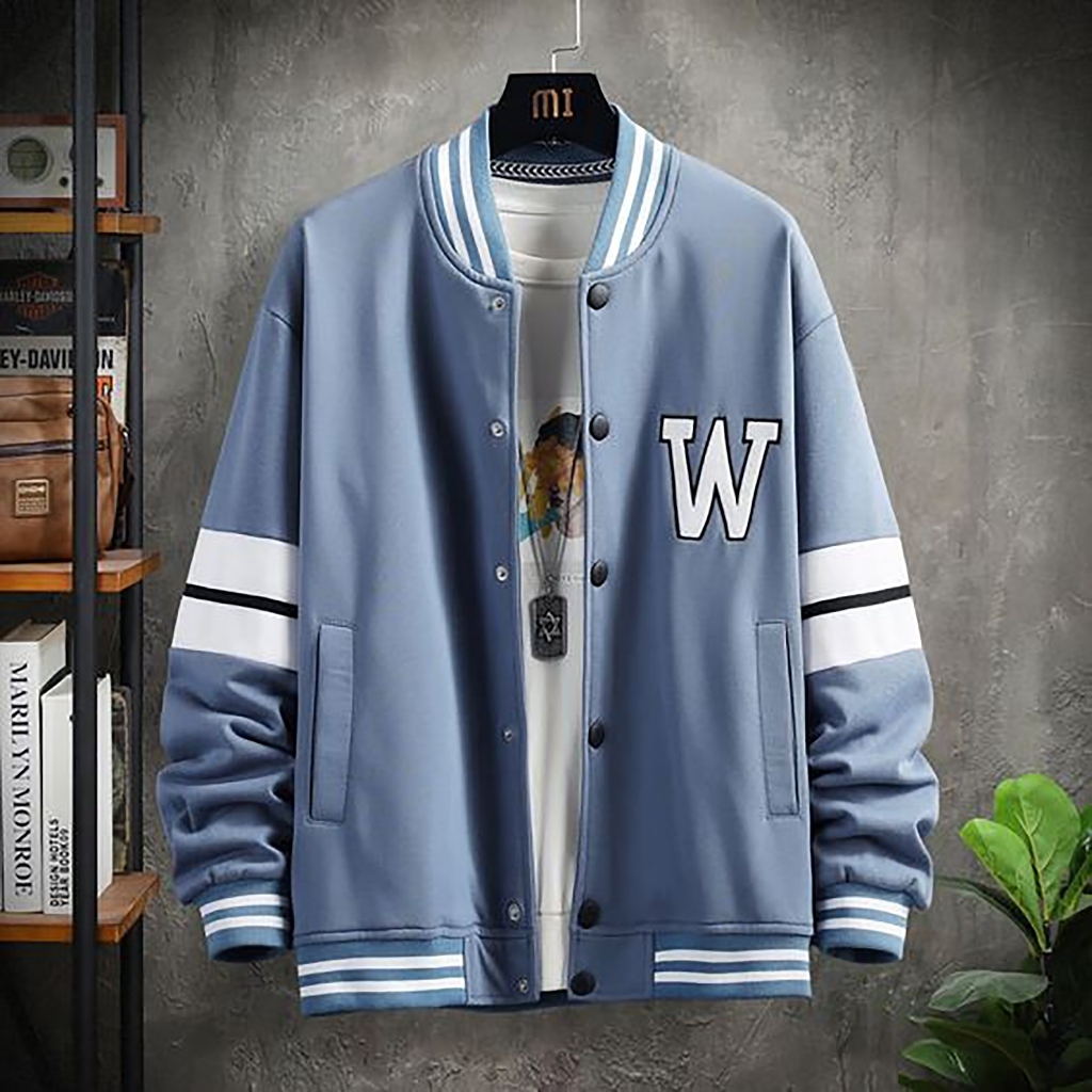 เสื้อแจ็คเก็ตเบสบอลขนาดใหญ่ (M - 6XL) โลโก้ W Varsity แจ็คเก็ตเบสบอลปุ่ม Bomber FLeece 6XL 5XL 4XL 3