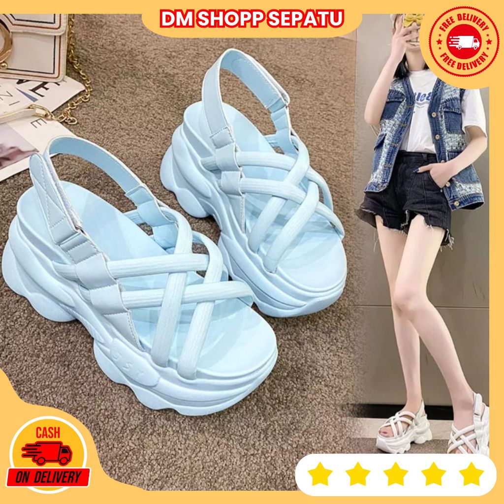 Dm-shopp รองเท้าแตะส้นเตารีดผู้หญิง Fltfrom Heels Cross Strap Combine Velcro AP 025