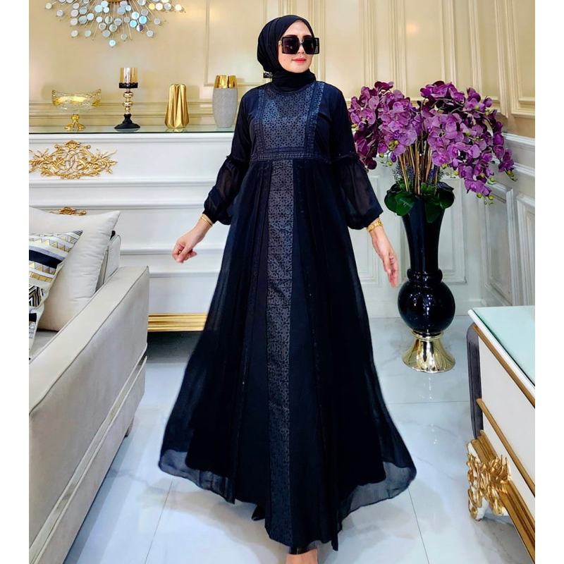 Hitam ตุรกี ABAYA GAMIS สีดํา EMBROIDERED SAFIRA HAND BALLOON COUPLE MOTHER CHILD 5-12 ปี BACK STRAP