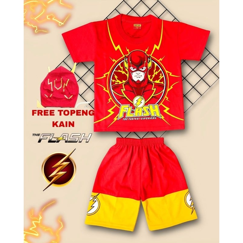 Children& 39;s Short Sleeve The Flash Superhero Character Clothes Set 2-10 ปี BONUS MASK