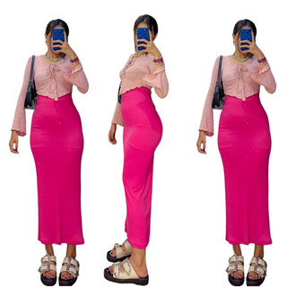 Hoki - AURORA BELL SETELAN ONE SET Rok Maxi Rib Knit Slim-Fitting Style Wanita Korean
