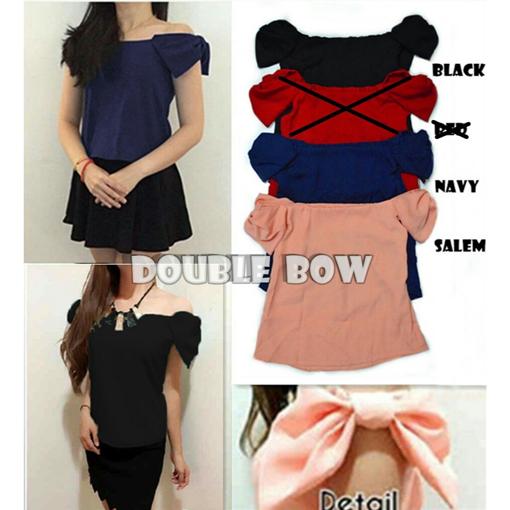 RF - Womens Sabrina Blouse Double Bow BLACK เนื้อเครปผ้าฝ้าย หลังยางยืด ข้างซิปญี่ปุ่น Size M รอบอก 