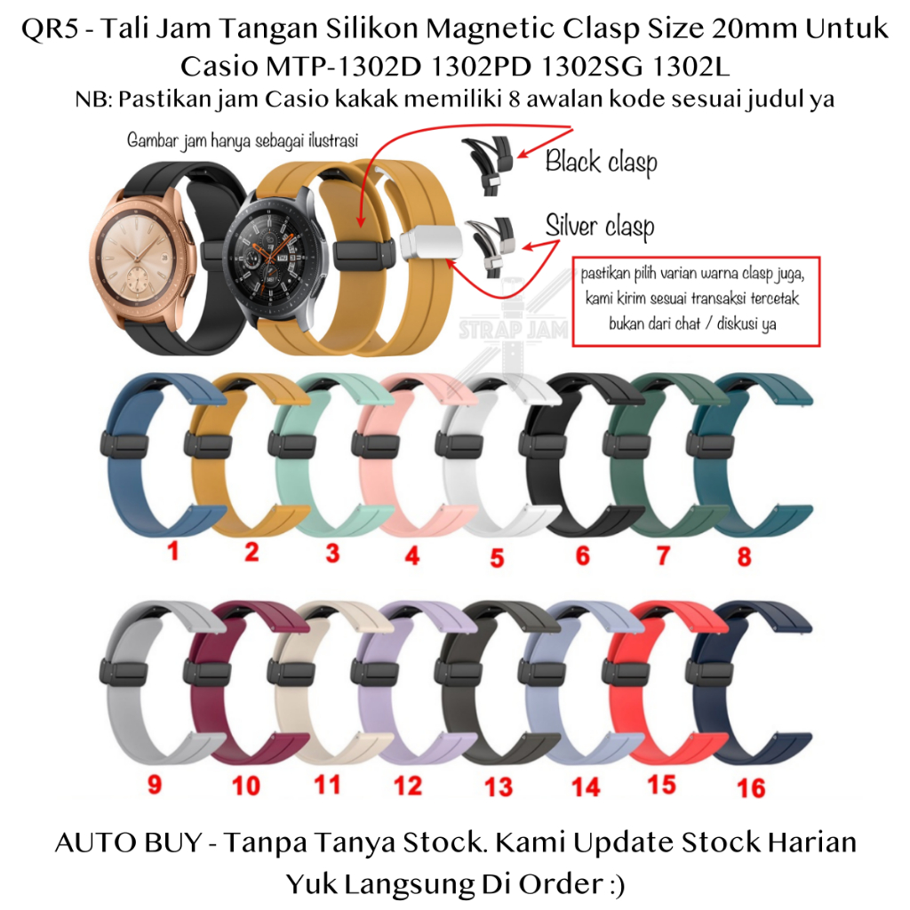 QR5 สาย 20 มม. Casio MTP-1302D 1302PD 1302SG 1302L - สายนาฬิกาซิลิโคนแบบแม่เหล็ก