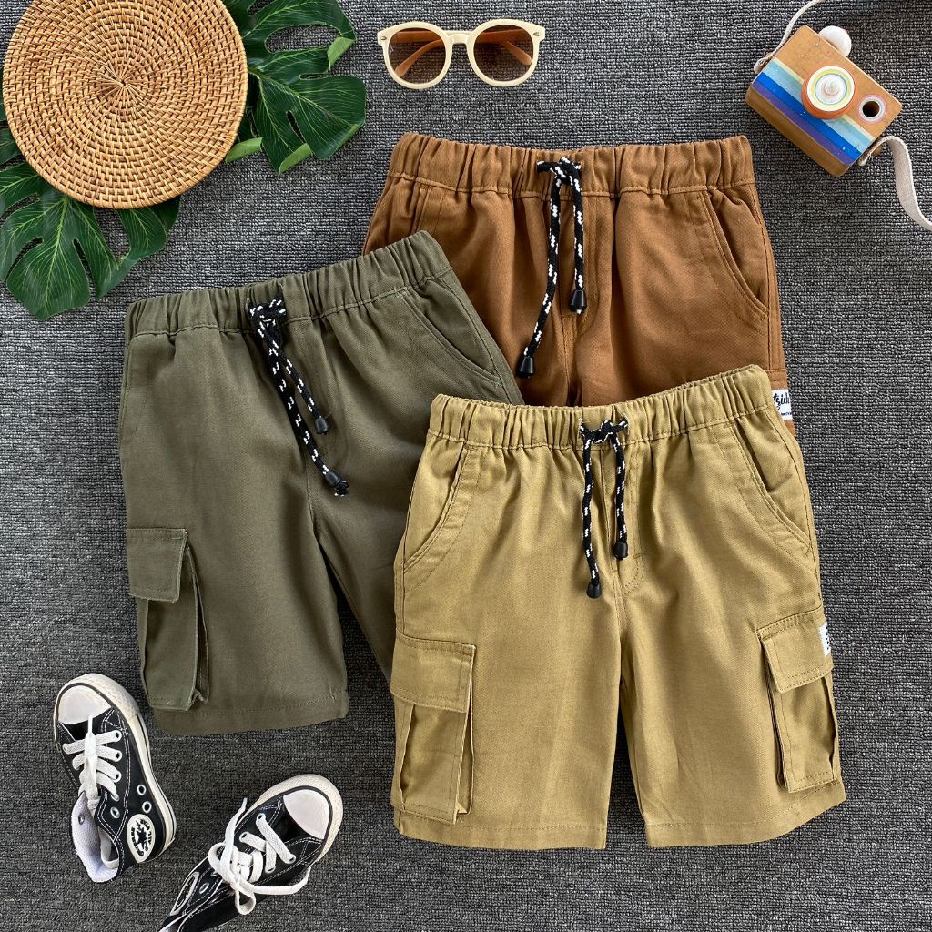 DEVANO DOUBLE CARGO CHILDRENS SHORTS กางเกงขาสั้นคาร์โก้เด็ก 4-14 ปีเด็ก Twill Cargo กางเกงขาสั้นกาง