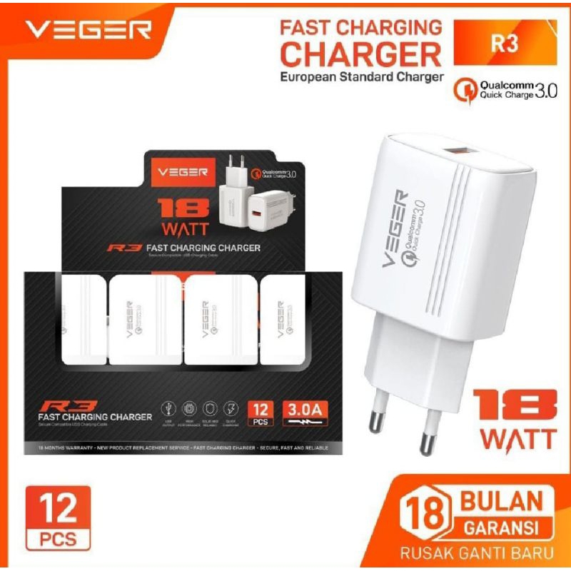 [UNIT PRICE] 18W VEGER R3 Fast Charging Charger Adapter 3A QUALCOM 3.0 Charger Adapter - UNIT-