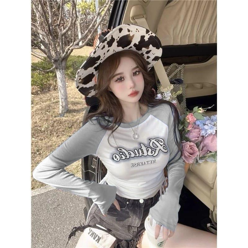 RSTUDIO เสื้อยืดแขนยาวผู้หญิงซี่โครงถักมีเชือกรูด (LD 88, 40)