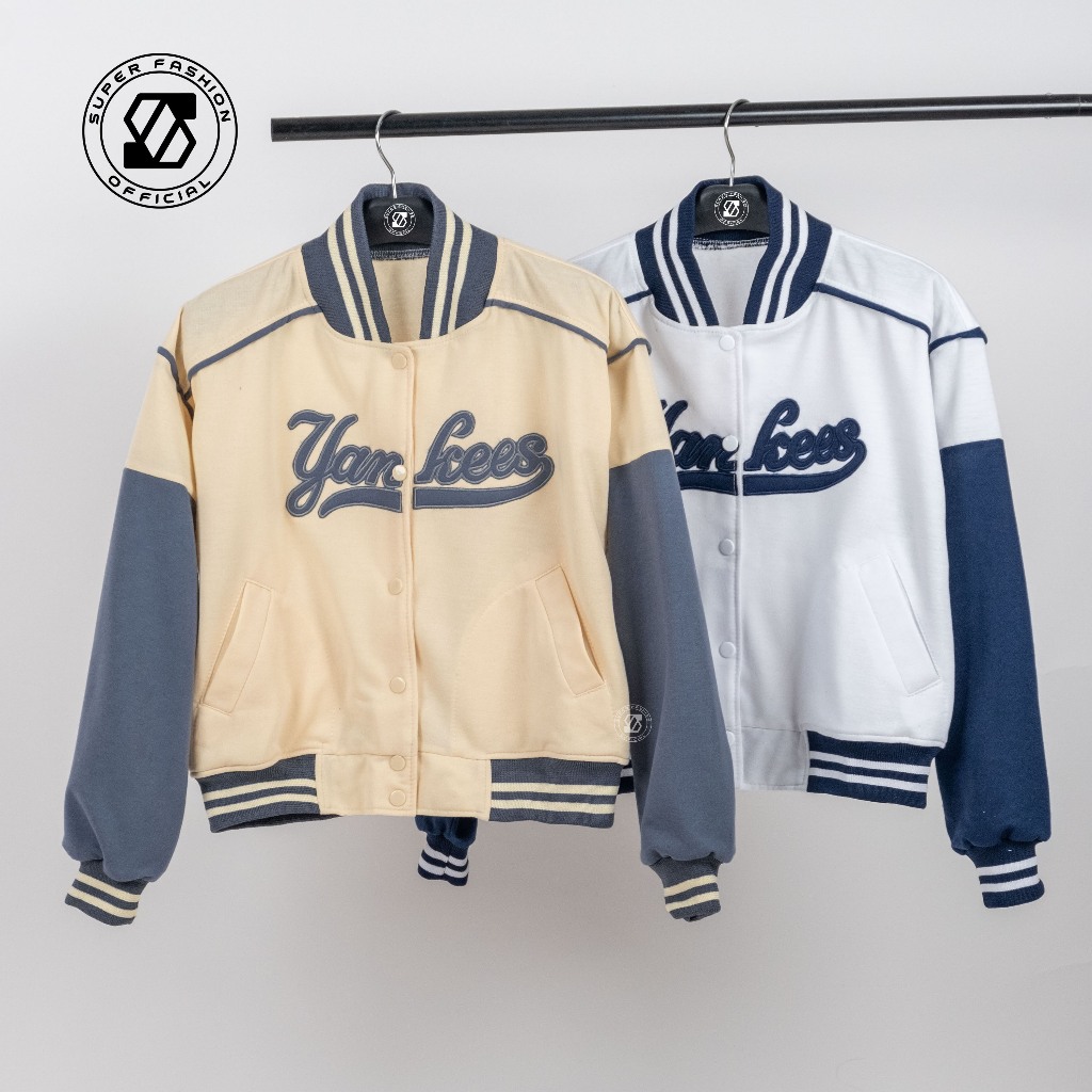 SS - YANKESS เสื้อแจ็คเก็ตเบสบอล Varsity Crop สําหรับผู้หญิง ขนาดปกติ สไตล์สปอร์ต