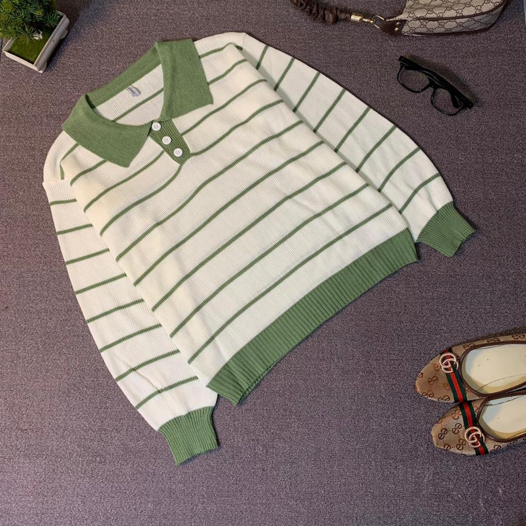 TR99-POLO TOP STRIP BUTTON CHEST KNIT TOP เสื้อท็อปสตรีเกาหลี
