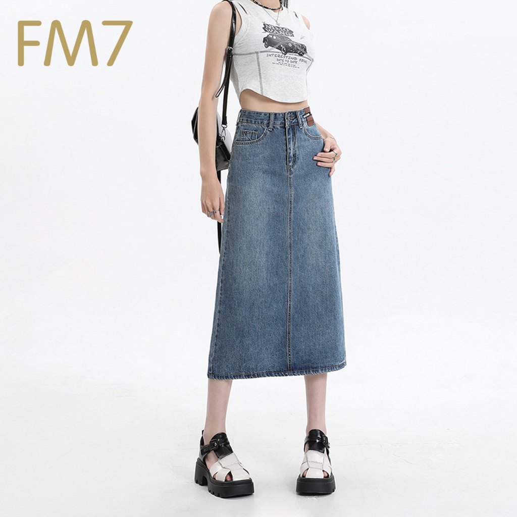 แนะนํา fm7 l107 เกาหลี 3/4 กระโปรงยีนส์ midi เอวสูงทรงเอสําหรับผู้หญิง - สีฟ้า