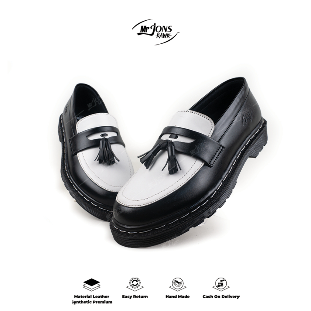 Putih HITAM Mr.jonsrawk Official - รองเท้าโลฟเฟอร์เพนนีสีดําและสีขาวสําหรับผู้ชายและผู้หญิง