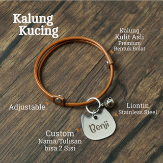 Kalung Kucing Kulit Asli Bulat Adjustable Custom Request Nama Tulisan Liontin Tag Stainless Steel
