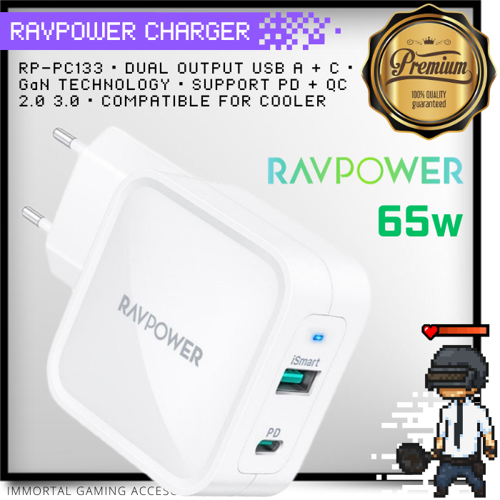 [IM] RAVPower 65W Fast Charger Adapter สําหรับ HP GaN Dual Port ประเภท CA PD RP-PC133 EU Plug USB Ch