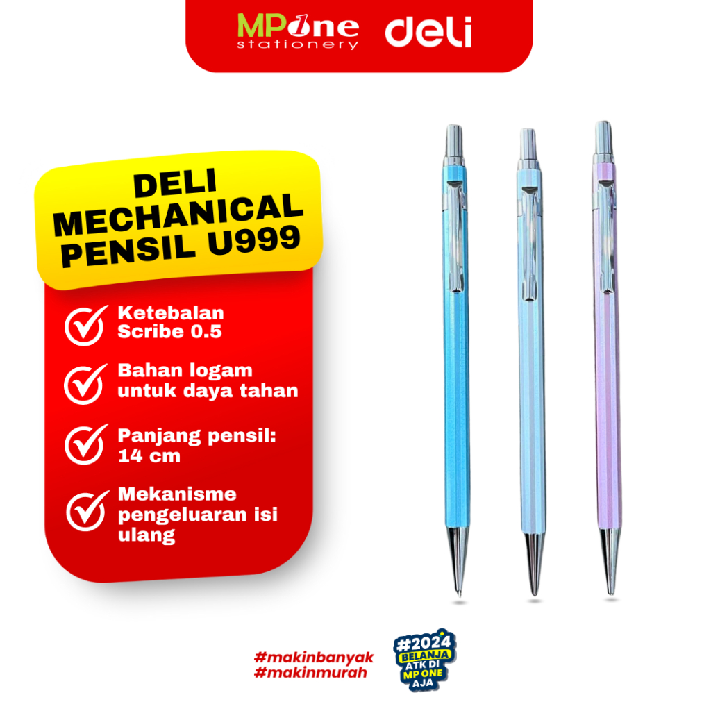 1 ชิ้น) ดินสอกด Deli 0.5 มม.U999 สีเมทัลลิค/ดินสอช่าง 2B ฝาครอบโลหะ Deli Scibe U999 ดินสอกดคลิปตื้นป
