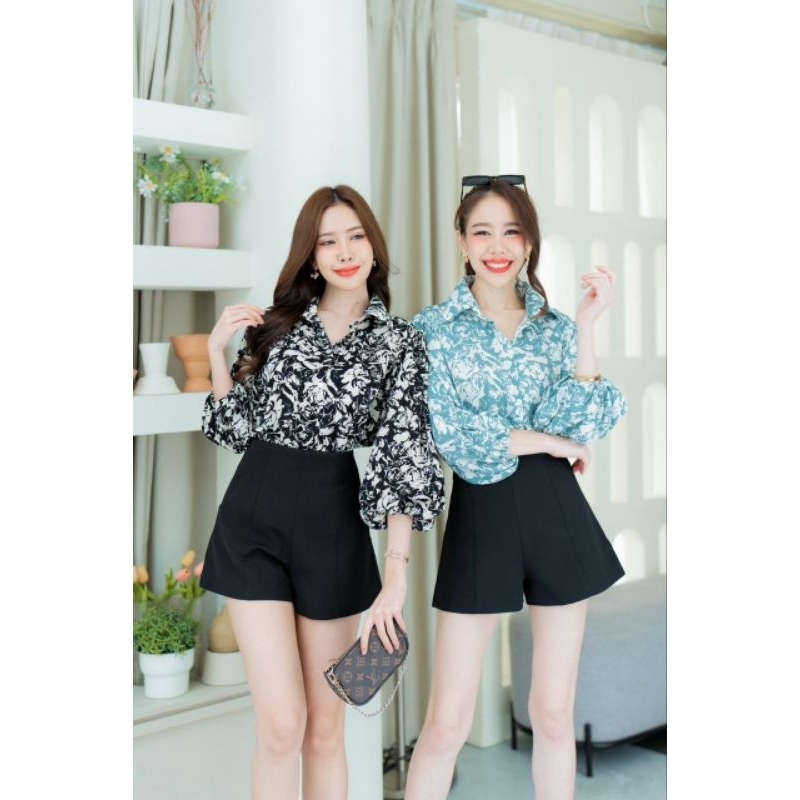 Kemeja นําเข้า BANGKOK ผู้หญิงแฟชั่น BALLOON SLEEVED LEAF MOTIF PEEPERS เสื้อ PRS005