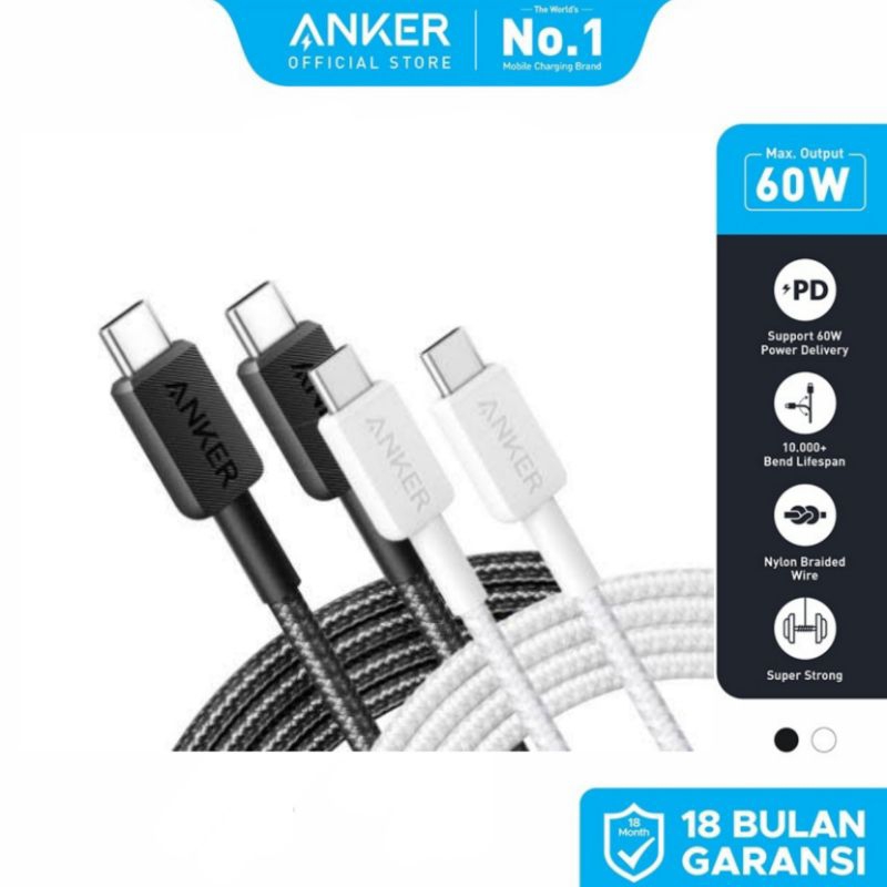 Anker 60W 3A USB Type C to C Nylon Cable Braided Data Charger Cable - 322