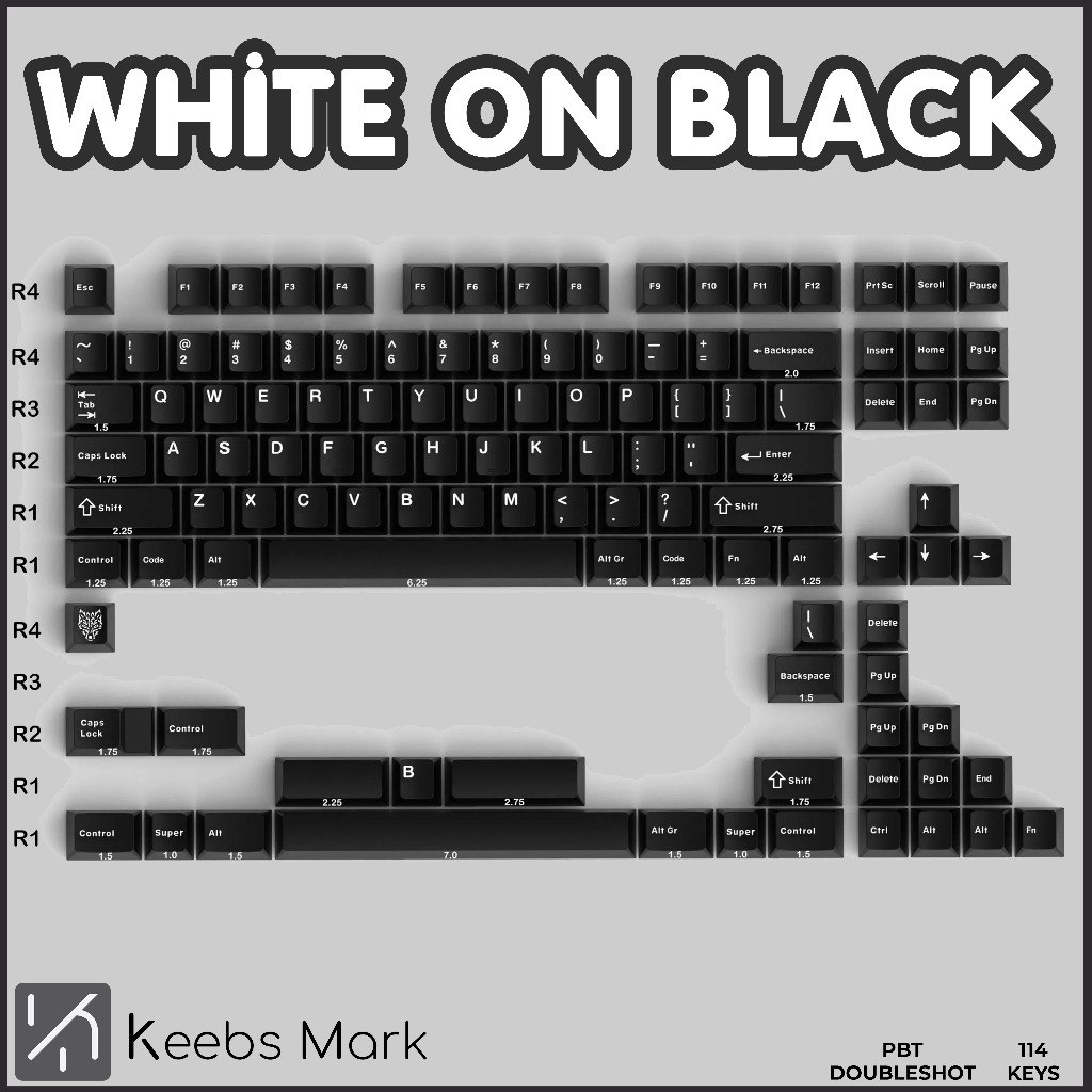 สีขาวบนสีดํา / WOB Keycaps PBT Doubleshot 114 คีย์ Cherry Profile Keycaps