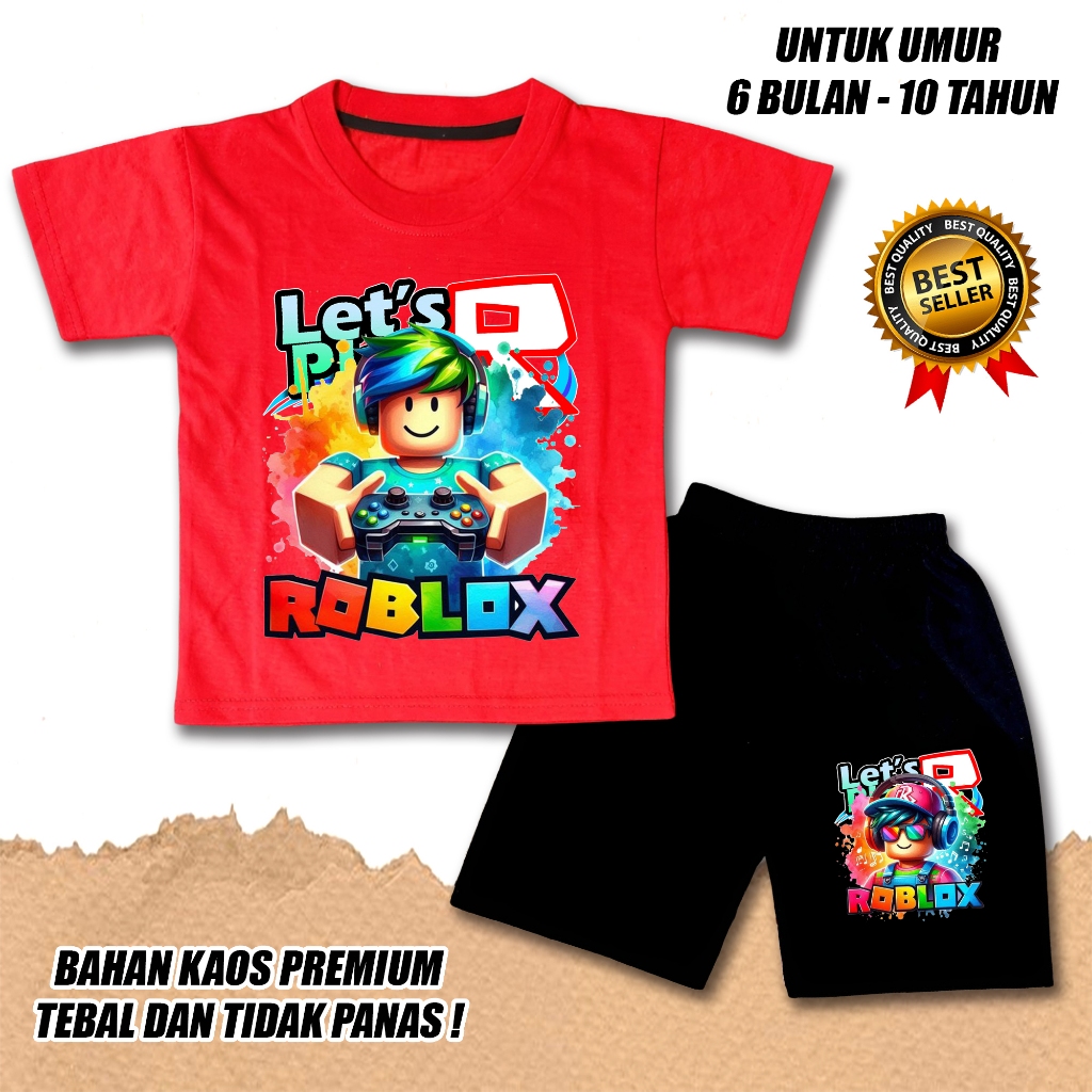Katun HITAM BOYS GIRLS SHORT SLEEVED SET BOYS GIRLS เสื้อยืด ROBLOX 2 COTTON DTF สีดํา TROUSERS
