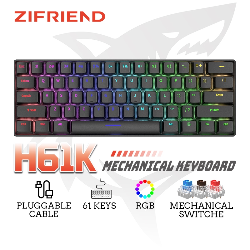 ZIFRIEND H61K Mechanical Gaming Keyboard TKL Blue Red Brown Switch RGB Backlit Type-c Wired Keyboard