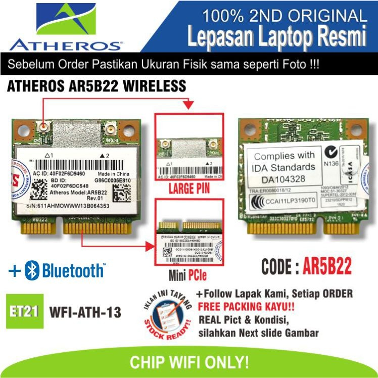 ET21 WFI-ATH-13 การ์ด WiFi ชิปแล็ปท็อปโน้ตบุ๊ค ATHEROS AR5B22 ไร้สาย