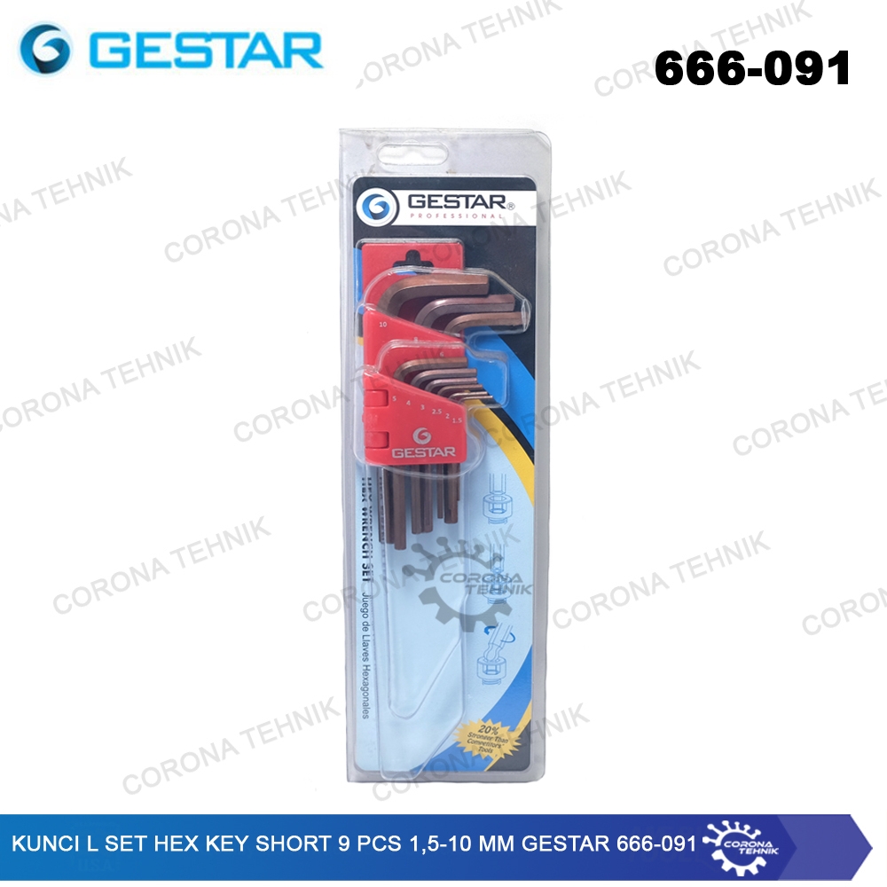 Gestar 666-091 L ชุดกุญแจ Hex Key สั้น 9 ชิ้น 1.5-10 mm