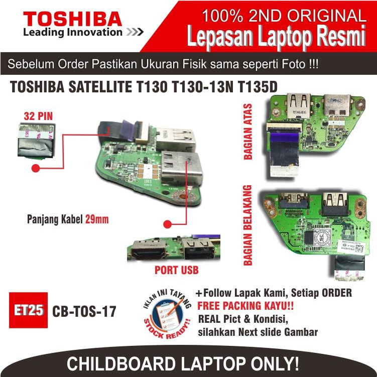 ET25 CB-TOS-17 Usb Childboard TOSHIBA SATELLITE T130 T130-13N T135D