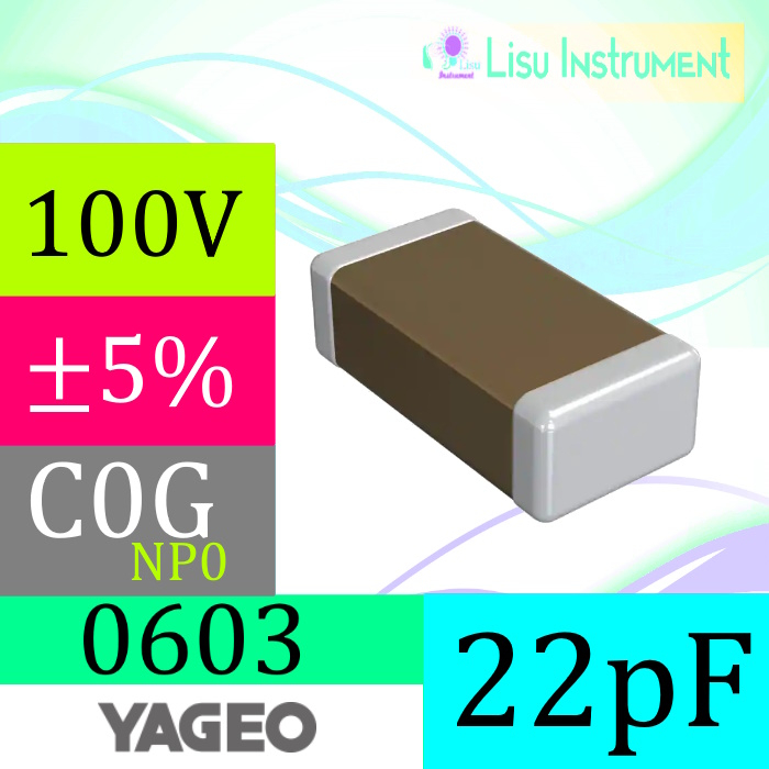 22pF ±5% 100V NP0 C0G 0603 1608(มม.) ตัวเก็บประจุเซรามิกหลาย SMD MLCC SMT Yageo CC0603JRNPO0BN220